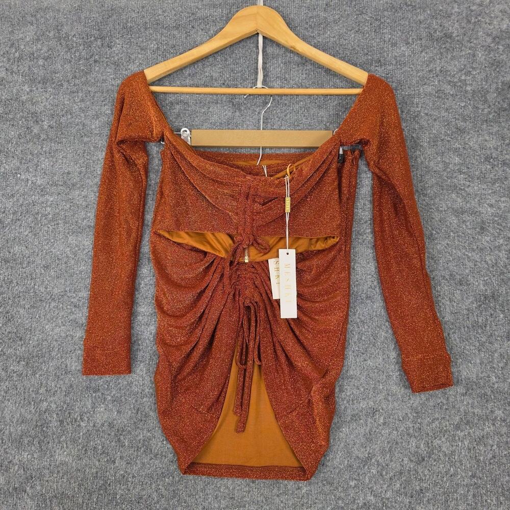 Meshki Set Small Rose Off Shoulder Top Jessie Ruched Mini Skirt Shimmer Orange